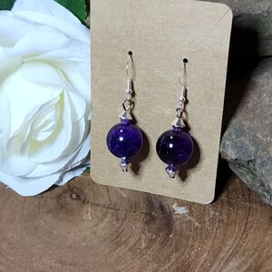 Hand Crafted Earrings With Purple Sparkling Balls and Silver Toned Accents